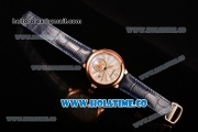 Cartier Rotonde De Swiss Quartz Rose Gold Case with Blue Leather Strap with White Guilloche Dial