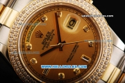 Rolex Day Date II Automatic Movement Champagne Dial with Double Row Diamond Bezel - Diamond Markers and Two Tone Strap