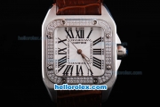 Cartier santos 100 Automatic with Diamond Bezel and White Case-White Dial-Roman Markers-Brown Leather Strap