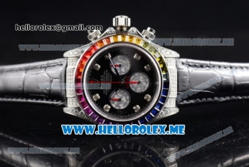 Rolex Daytona Rainbow Swiss Valjoux 7750 Automatic Steel Case with Black Dial and Black Leather Strap Diamonds Markers (GF)