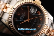 Rolex Datejust Swiss ETA 2836 Automatic Movement Two Tone with Black Dial and Rose Gold Roman Numeral Markers