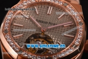 Audemars Piguet Royal Oak 41MM Swiss Tourbillon Manual Winding Full Rose Gold with Grey Dial Diamonds Bezel and Stick Markers (FT)