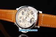 Panerai Marina Manual Winding Silver Case with Gold Skeleton Dial and Orange Leather Strap