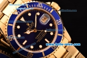 Rolex Submariner Asia 2813 Automatic Yellow Gold Case/Strap with Blue Dial Super LumiNova Markers and Blue Bezel - ETA Coating