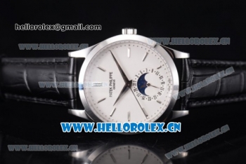 Patek Philippe Complications Miyota 9015 Automatic Steel Case with White Dial Stick Markers and Black Leather Strap