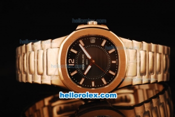 Patek Philippe Nautilus Swiss Quartz Movement Rose Gold Case and Strap with Black Dial and White Markers