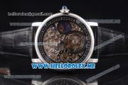 Cartier Ronde De MoonPhase Swiss Tourbillon Manual Winding Steel Case with Skeleton Dial and Black Leather Strap