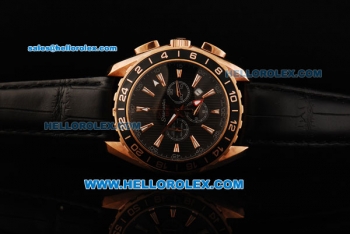 Omega Seamaster GMT Chronograph Miyota Quartz Movement Rose Gold Case with Black Bezel and Black Leather Strap