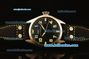 IWC Pilot Swiss Quartz Steel Case with Black Dial and Black Leather Strap-Green Markers