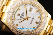 Rolex Day-Date II Automatic Movement Full Gold with Double Row Diamond Bezel-White Dial and Diamond Markers