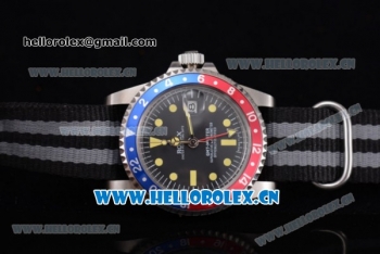 Rolex GMT-Master Asia 2813 Automatic Steel Case with Black Dial Black/Grey Nylon Strap and Red/Blue Bezel