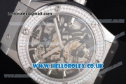 Hublot Classic Fusion Skeleton Asia Automatic Steel Case with Skeleton Dial Diamonds Bezel and Black Rubber Strap