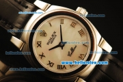 Rolex Cellini Swiss Quartz Steel Case with White MOP Dial and Black Leather Strap-Lady Size