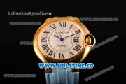 Cartier Ballon Bleu De Medium Asia 4813 Automatic Yellow Gold Case with Silver Dial and White Leather Strap - Roman Numeral Markers (GF)