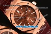 Audemars Piguet Royal Oak 41MM Asia Automatic Rose Gold Case with Brown Grids Dial White Stick Markers and Brown Leather Strap