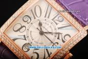 Franck Muller Master Square Swiss ETA 2824 Automatic Movement Rose Gold Case with Diamond Bezel and Purple Leather Strap