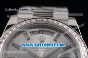 Rolex Day-Date Swiss ETA 2836 Automatic Stainless Steel Case/Bracelet with Silver Dial and Stick Markers Diamonds Bezel (BP)