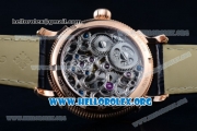 Patek Philippe Grand Complication Swiss Tourbillon Manual Winding Rose Gold Case with Black Dial Roman Numeral Markers and Black Leather Strap