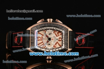 Franck Muller Conquistador Grand Prix Miyota OS20 Quartz Rose Gold Case with Black Leather Bracelet White Dial and PVD Bezel