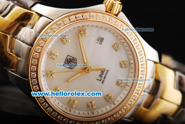 Tag Heuer Link 200 Meters Swiss Quartz Movement White MOP Dial with Diamond Markers/Bezel and Two Tone Strap - Click Image to Close