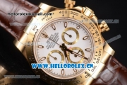 Rolex Cosmograph Daytona Clone Rolex 4130 Automatic Yellow Gold Case with White Dial Stick Markers and Brown Leather Strap (BP)