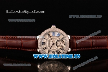 Cartier Ballon Bleu De Small Swiss Quartz Steel Case with Diamonds Bezel White Dial and Brown Leather Strap - Black Markers