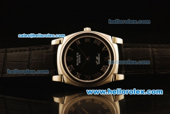 Rolex Cellini Swiss Quartz Steel Case with Black Dial and Black Leather Strap-Roman Markers