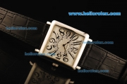 Franck Muller Master Square Swiss Quartz Movement Steel Case with Black Arabic Numerals and Black Leather Strap