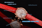Omega Speedmaster Chrono Swiss Quartz Rose Gold Case Diamond Bezel with Red Leather Strap and White Dial Numeral Markers