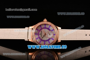 Jaeger-LeCoultre Lady Miyota Quartz Rose Gold Case with White MOP Dial Purple Stick Markers and White Leather Strap - Diamonds Bezel