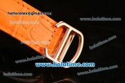 Cartier Rotonde De Swiss Quartz Rose Gold Case with Diamonds Bezel Skeleton Dial and Orange Leather Strap