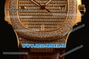 Patek Philippe Nautilus Miyota 9015 Automatic Diamonds/Yellow Gold Case with Diamonds Dial and Brown Leather Strap (AAAF)