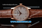 Patek Philippe Calatrava Miyota 9015 Automatic Rose Gold Case with White Dial Brown Leather Strap and Diamonds Markers Diamonds Bezel