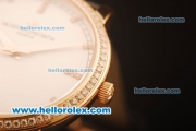 Vacheron Constantin Swiss ETA 2836 Automatic Rose Gold Case with White Dial and Black Leather Strap-Diamond Bezel