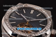 Audemars Piguet Royal Oak 41MM Swiss Tourbillon Manual Winding Steel Case with Diamonds Bezel Black Leather Strap and Blue Dial (FT)