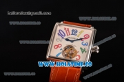 Minorva Swiss Tourbillon Manual Winding Steel Case with White Dial Orange Leather Strap and Colorful Arabic Numeral Markers