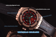 Hublot King Power Swiss Valjoux 7750 Automatic Rose Gold Case with Red Skeleton Dial and Black Leather Strap