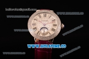 Cartier Ballon Bleu De Small Swiss Quartz Steel Case with Diamonds Bezel White Dial and Burgundy Leather Strap - Black Markers