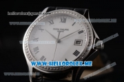 Patek Philippe Calatrava Miyota 9015 Automatic Steel Case with White Dial Black Leather Strap and Roman Numeral Markers Diamonds Bezel