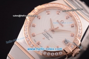 Omega Constellation Co-Axial Swiss ETA 2824 Automatic Steel Case with Rose Gold/Diamond Bezel and White Stripy Dial-Diamond Markers