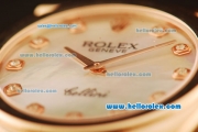 Rolex Cellini Swiss Quartz Rose Gold Case with White MOP Dial and Brown Leather Strap-Diamond Markers