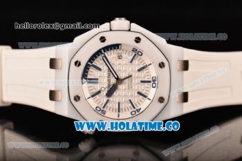 Audemars Piguet Royal Oak Offshore Diver Clone AP Calibre 3120 Automatic White Ceramic Case with Blue Stick Markers and White Rubber Strap (JF)