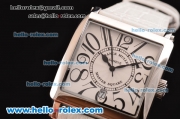 Franck Muller Master Square Swiss Quartz Steel Case with White Dial Numeral Markers and White Leather Strap