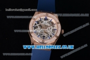 Hublot Classic Fusion Skeleton Asia Automatic Rose Gold Case with Skeleton Dial Diamonds Bezel and Blue Rubber Strap