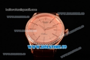 Rolex Cellini Asia Automatic Rose Gold Case with Stick Markers Rose Gold Dial and Brown Leather Strap - Diamonds Bezel