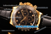 Rolex Daytona Chrono Swiss Valjoux 7750 Automatic Yellow Gold Case with Ceramic Bezel Black Dial and Black Leather Strap -Diamonds Markers (BP)