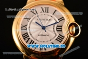 Cartier Ballon Bleu De Medium Asia 4813 Automatic Yellow Gold Case with Silver Dial and Orange Leather Strap - Roman Numeral Markers (GF)