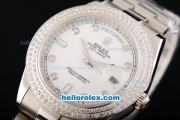 Rolex Day Date II Automatic Movement Full Steel with Double Row Diamond Bezel with Diamond Markers and White Dial