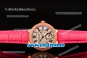 Cartier Ballon Bleu De Small Swiss Quartz Rose Gold Case with Diamonds Bezel White Dial and Hot Pink Leather Strap - Black Markers