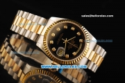 Rolex Day Date Rolex 3156 Automatic Movement Gold Bezel with Black Dial and Diamond Markers - Two Tone Strap